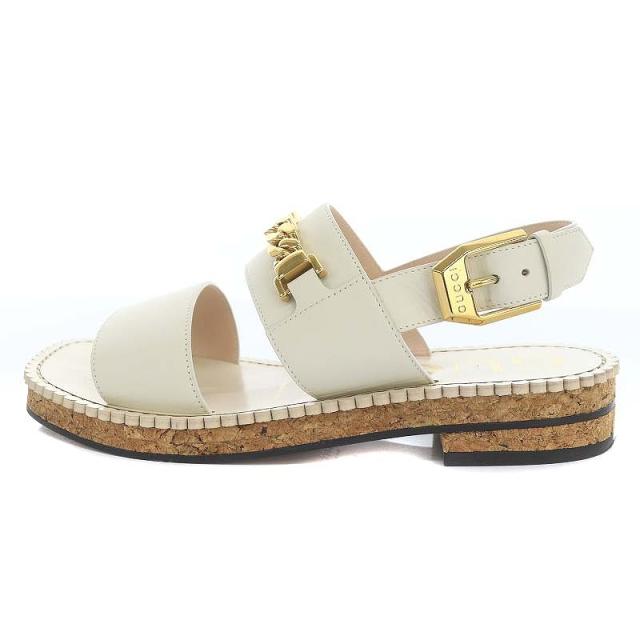 【中古】グッチ GUCCI チェーン装飾ストラップサンダル スクエアトゥ レザー 36.5 23.5cm ベージュ 655557 /DO ■OS