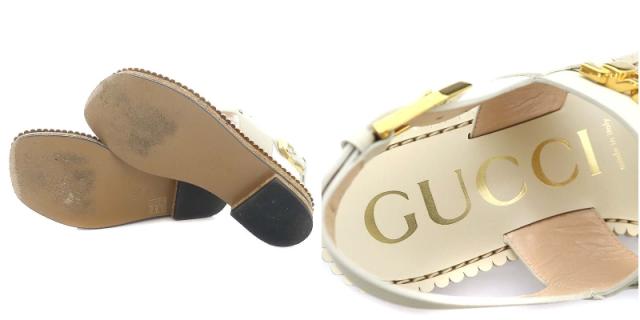 【中古】グッチ GUCCI チェーン装飾ストラップサンダル スクエアトゥ レザー 36.5 23.5cm ベージュ 655557 /DO ■OS