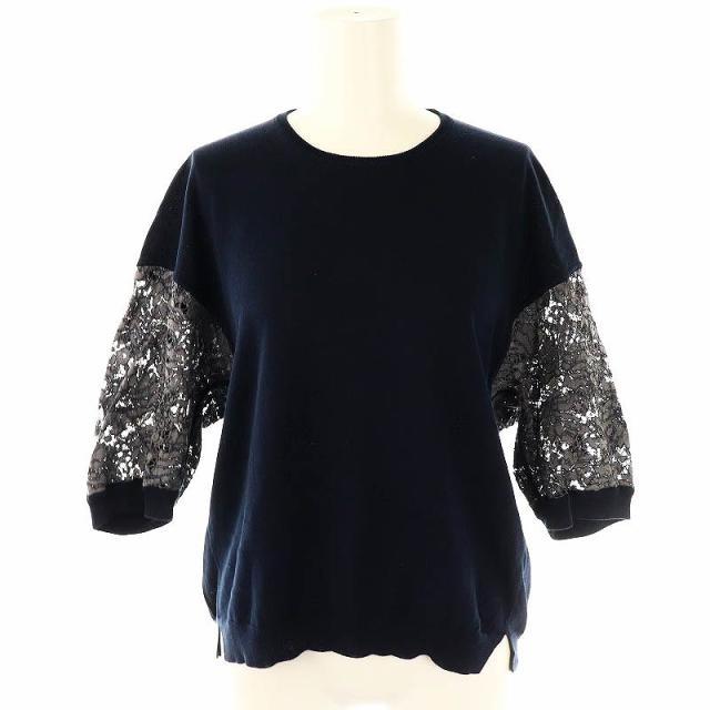 【中古】ドゥロワー Drawer 16Gコットンレースニット カットソー 五分袖 2 ネイビー グレー /DO ■OS レディース