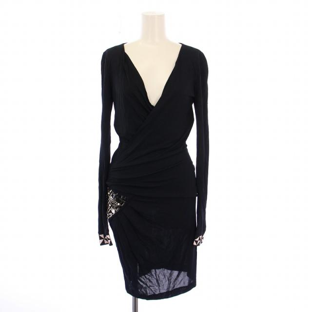 【中古】エミリオプッチ EMILIO PUCCI タイトワンピース ドレープ ひざ丈 長袖 Vネック ストレッチ ビジュー 紺