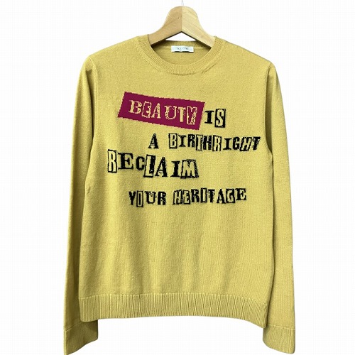 【中古】ヴァレンティノ ヴァレンチノ VALENTINO カシミヤ混 メッセージ ジャガード ニット セーター 黄 XS ■GY41