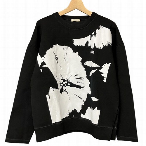 【中古】ニナリッチ NINA RICCI フラワー プリント プルオーバー トップス 黒 白 L 1A-T0007-VI486 ■GY41