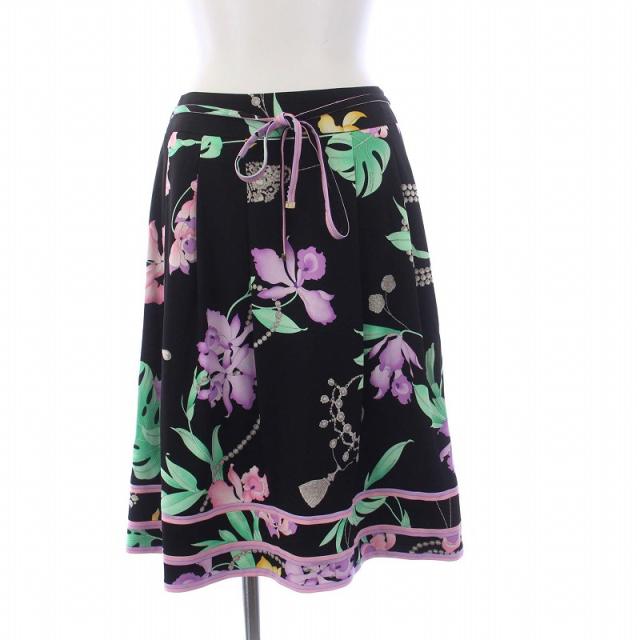【極美品】LEONARD レオナール シルク100％ スカート 花柄 膝丈 レオナール スカート ひざ丈 花柄 総柄 黒 マルチカラー 76 □ECT