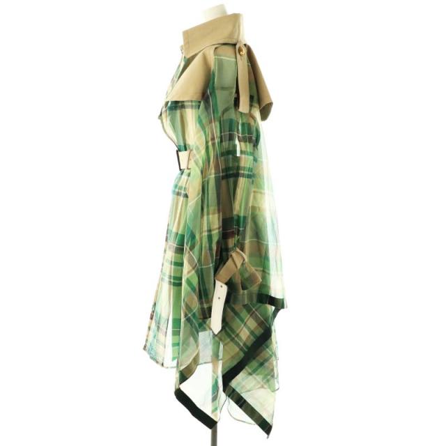 【中古】サカイ sacai チェック柄トレンチコート アシンメトリー ベルト付き 1 グリーン ベージュ ブラウン 19-04446_2