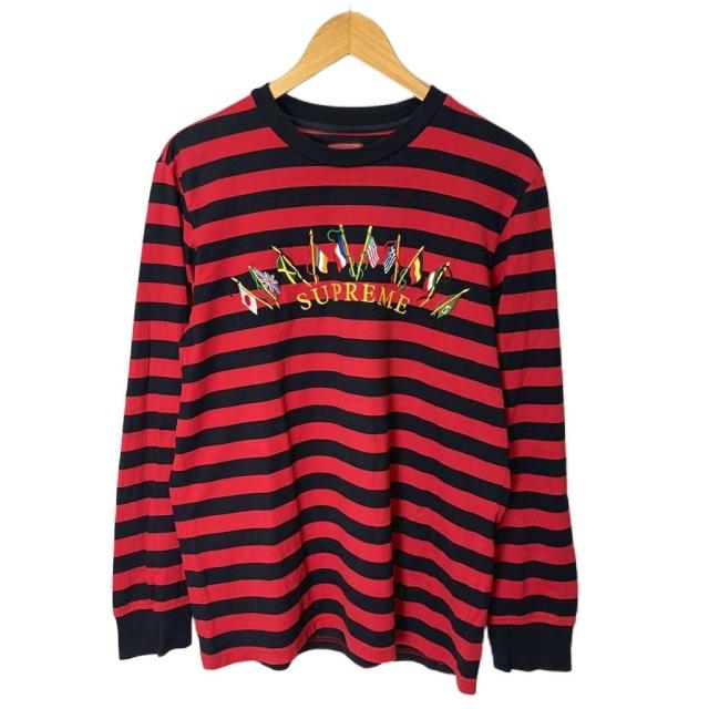 【中古】シュプリーム SUPREME 19AW Flags L/S Top ボーダー ロンT カットソー ロゴ刺繍 長袖 S 赤 黒 ☆AA★