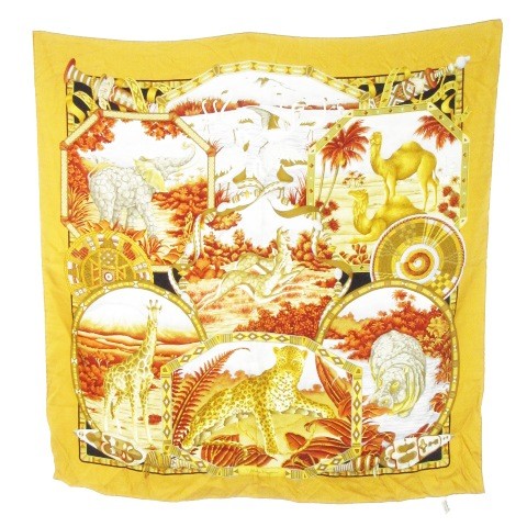 【中古】サルヴァトーレフェラガモ Salvatore Ferragamo スカーフ スクエア 大判 シルク 絹 ロゴ アニマル 茶