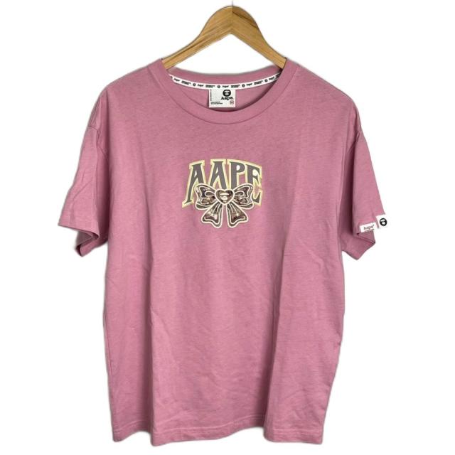 【中古】アベイシングエイプ A BATHING APE AAPE リボンモチーフ ワッペン Tシャツ 半袖 XS ピンク AAPTEW1581XXN