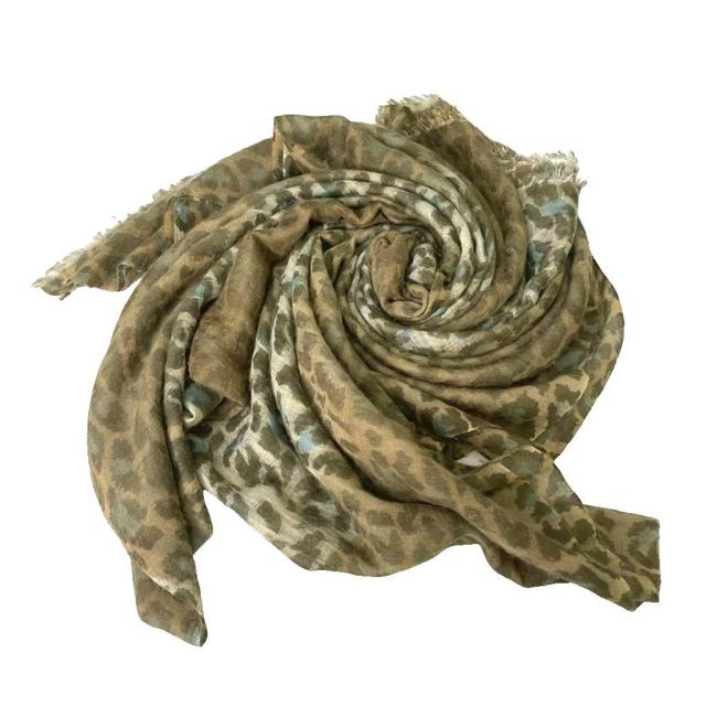 【中古】ドゥースグロワール douce gloire ストール マフラー レオパード柄 ヒョウ柄 フリンジ カーキ系 ブラウン