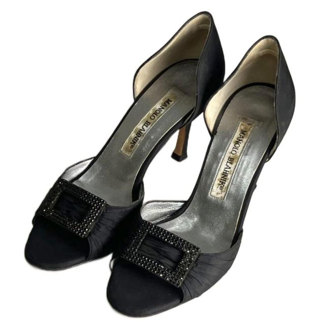 【中古】マノロブラニク MANOLO BLAHNIK ビジュー装飾 オープントゥ パンプス ヒール 35.5 黒 ブラック レディース