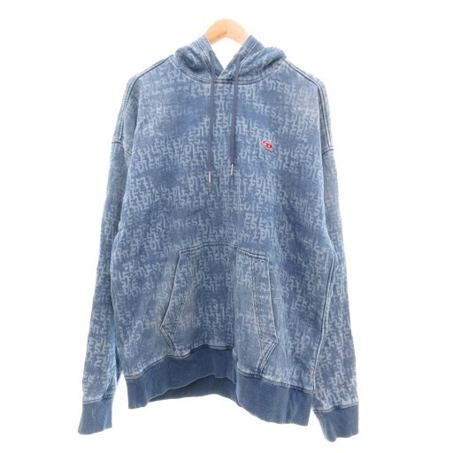 【中古】ディーゼル DIESEL D-UM-RIB-NE プルオーバー パーカー ウォッシュ加工 オーバルD ロゴ 総柄 XL ライトブルー