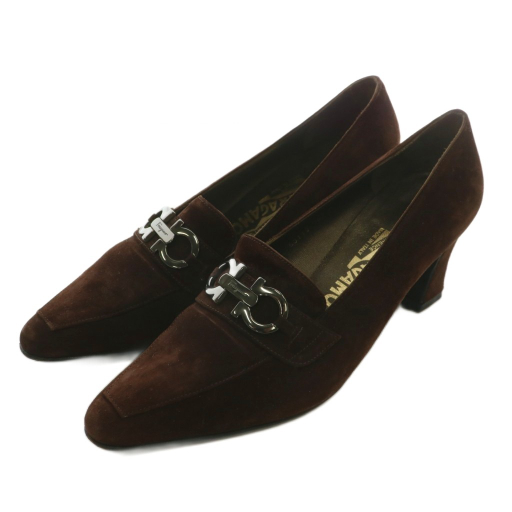 【中古】Salvatore Ferragamo パンプス スエード ポインテッドトゥ ハイヒール ガンチーニ 7.5 24.5cm 茶色