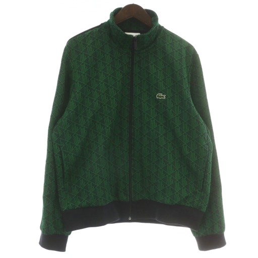 【中古】LACOSTE モノグラムジャカードトラックジャケット ハイネック ジップアップ 総柄 ロゴ ワッペン L 緑 SH1368