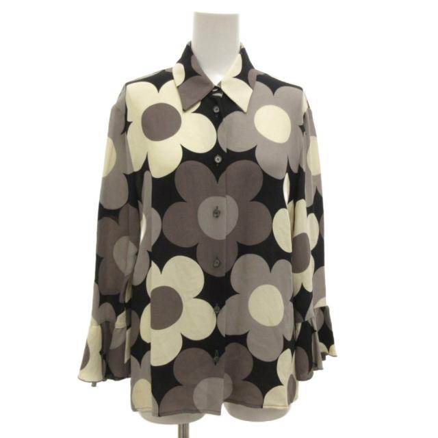 【中古】セリーヌ CELINE シルクシャツ ブラウス 長袖 袖フレア 花柄 フラワープリント 42 黒 ブラック 白 ■GY44