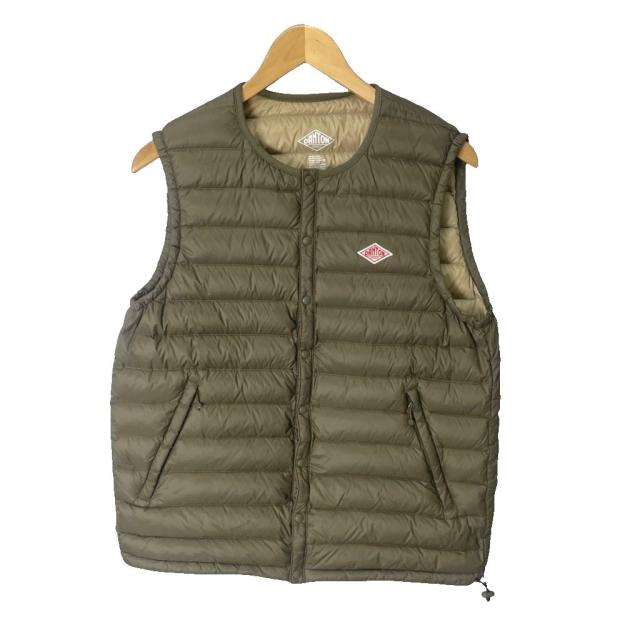 【中古】ダントン DANTON キルティング ダウンベスト ナイロン ロゴ 42 オリーブ色 カーキ メンズ