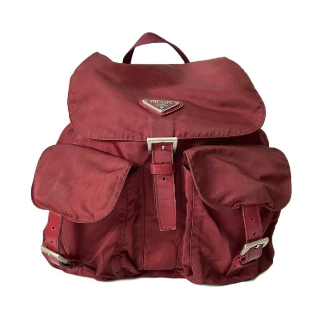 【中古】プラダ PRADA リュックサック デイパック ナイロン 三角プレート レッド レディース