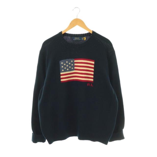 【中古】ポロ ラルフローレン POLO RALPH LAUREN 星条旗 コットン ニット セーター 長袖 XL 紺 /NR ■OS ■AD