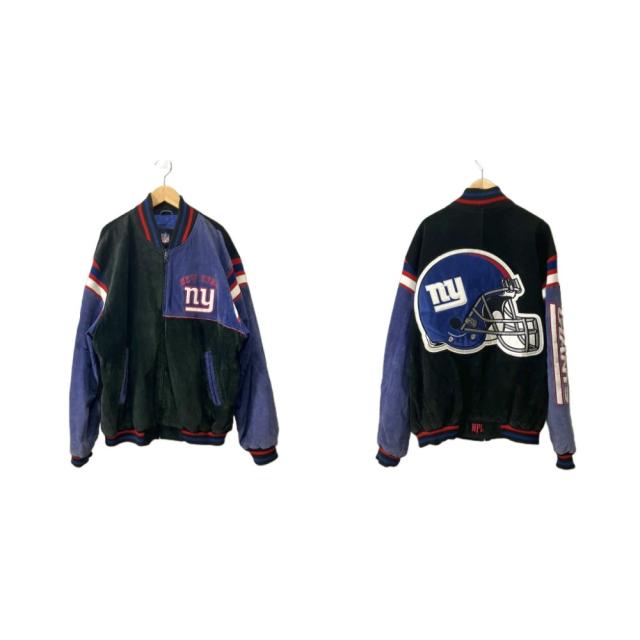 【中古】NFL オールド 切替レザースタジャン ジャケット ワッペン ヴィンテージ L ブルー メンズ