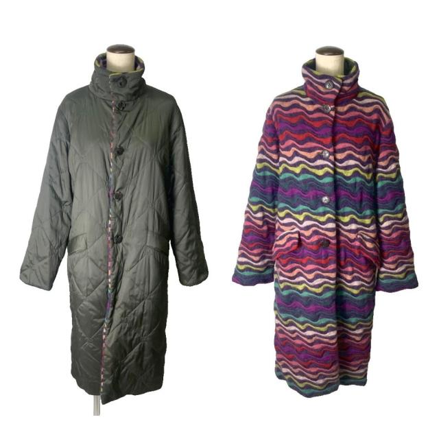 【中古】ミッソーニ MISSONI リーバーシブルコート フーデットコート キルティング ロング丈 40 カーキ ■GY06