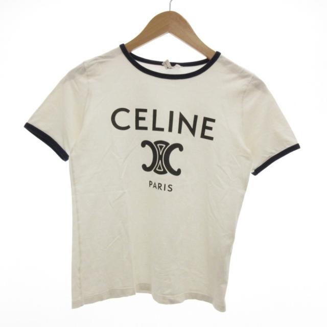【中古】セリーヌ CELINE トリオンフ プリント Tシャツ コットンジャージー 半袖 XS オフホワイト /UO ■GY18