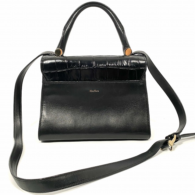 【中古】マックスマーラ MAX MARA 2WAY ハンドバッグ ショルダーバッグ ロゴ クロコ型押し レザー 斜め掛け 黒 ブラック レディース