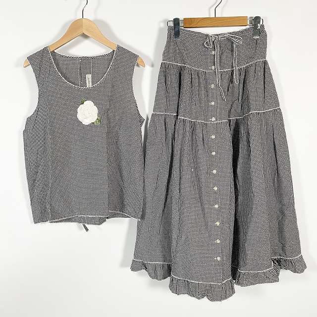 【中古】カネコイサオ KANEKO ISAO セットアップ ブラウス スカート ギンガムチェック ピコフリル フラワー 黒 白 レディース