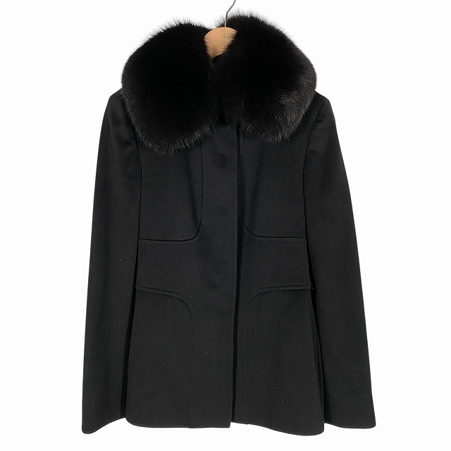 【中古】マックスマーラ MAX MARA 2WAY ハーフコート ヴァージンウール100% フォックスファー 毛皮 黒 ブラック 38 M相当 レディースの通販は