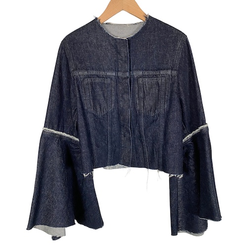 【中古】ミハラヤスヒロ MIHARA YASUHIRO ノーカラーデニムジャケット ジージャン フリル袖 青 ブルー フリーサイズ レディースの通販は