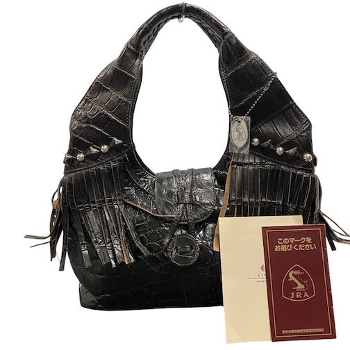【中古】コト coto JRA マットクロコダイル ホーボーバッグ ハンドバッグ スタッズ フリンジ ワニ レザー ダークブラウン