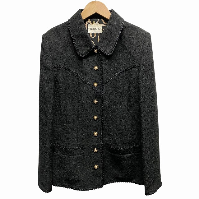 【中古】インゲボルグ INGEBORG ツイードジャケット 裏地花柄 パール ロゴ金ボタン 黒 ブラック L レディース