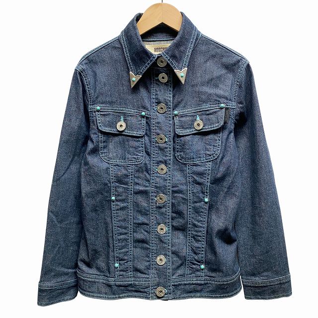 【中古】モスキーノジーンズ MOSCHINO JEANS デニムジャケット 長袖 ロゴ ストーン ビーズ 青 ブルー 42 XL相当 レディース