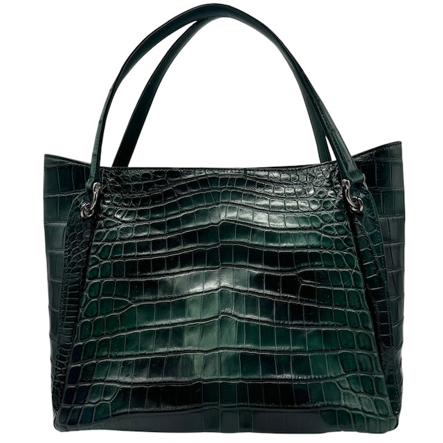 【中古】Maam ELEGANCE  マットクロコ ワニ革 ハンドバッグ トートバッグ グラデーション 緑 グリーン