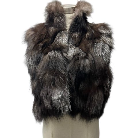 【中古】シルバーフォックス 毛皮 ベスト リアルファー 茶 銀 ブラウン シルバー M レディース レディース