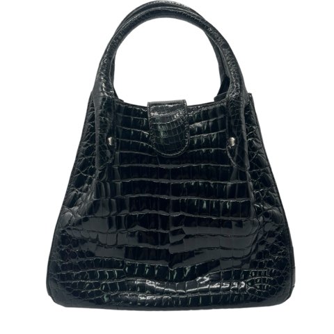 【中古】シャイニークロコダイル リアルクロコ ワニ革 ハンドバッグ 台形 カバン ブラック エキゾチックレザー レディース