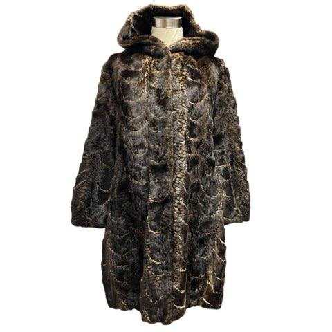 【中古】ミンク 総柄 MINK 毛皮 フード付コート リアルファー ドローコード 茶 ブラウン Lサイズ相当 レディース レディース