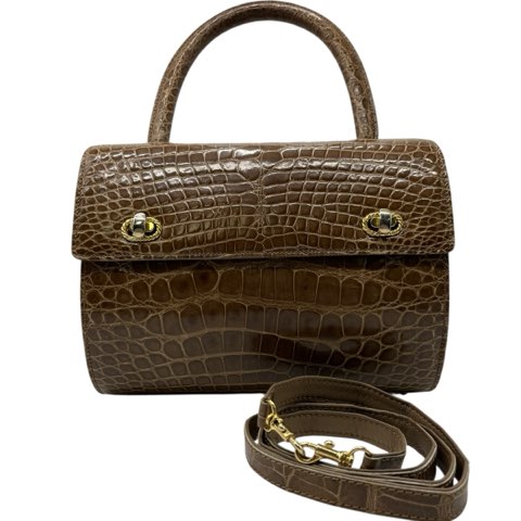 【中古】KRISTAR CROCO シャイニークロコダイル ワニ革 2WAY ハンドバッグ ショルダーバッグ  ブラウンベージュ エキゾチックレザー