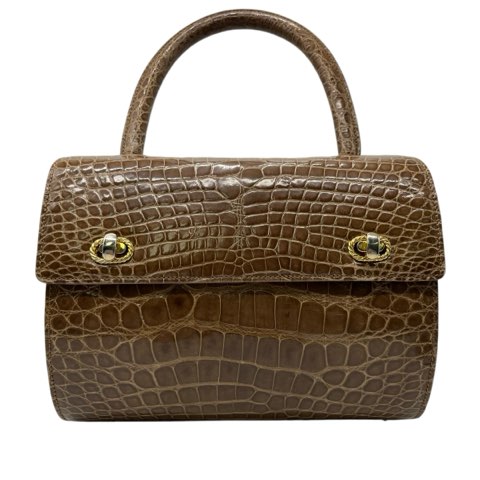 【中古】KRISTAR CROCO シャイニークロコダイル ワニ革 2WAY ハンドバッグ ショルダーバッグ ブラウンベージュ エキゾチックレザー_1