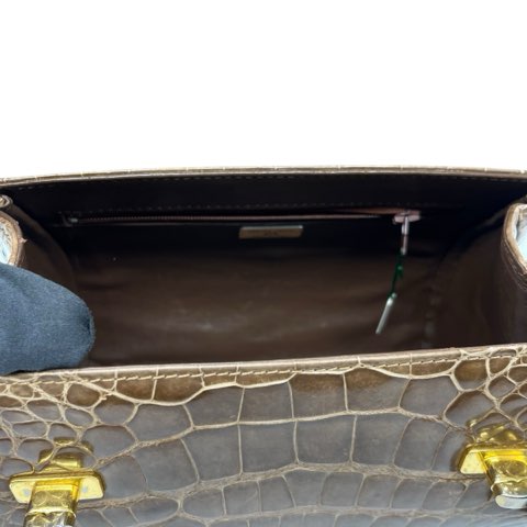 【中古】KRISTAR CROCO シャイニークロコダイル ワニ革 2WAY ハンドバッグ ショルダーバッグ ブラウンベージュ エキゾチックレザー_6