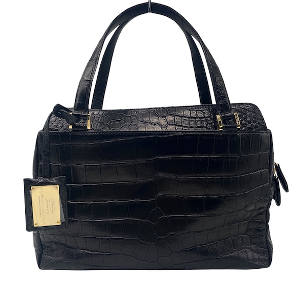 【中古】レザージュエルズ LEATHER JEWELS JRA認定 JUNKO SHIMADA マットクロコダイル ハンドバッグ ワニ レザー 黒