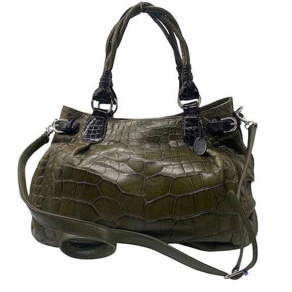 【中古】モコロ MOCORO 2WAY アリゲーター ハンドバッグ ショルダーバッグ センター取り ワニ 大容量 レザー グリーン レディース