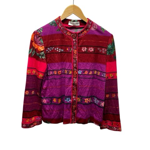 【中古】レオナール LEONARD 長袖カーディガン ニット セーター 総柄 花柄ボーダー 40 Lサイズ相当 レッド パープル レディース