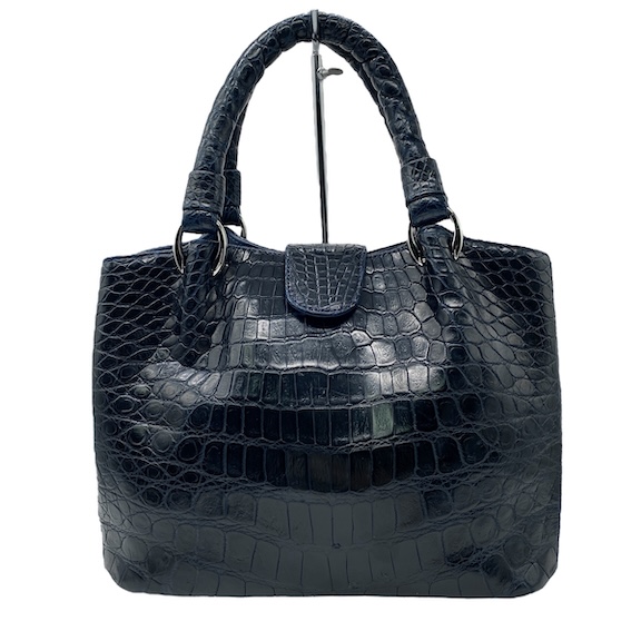 【中古】マットクロコダイル ハンドバッグ センター取り ワニ レザー 本革 ネイビー レディース