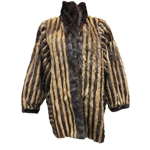 中古ミンク MINK 毛皮 縞模様 ロングコート リアルファー ブラウン
