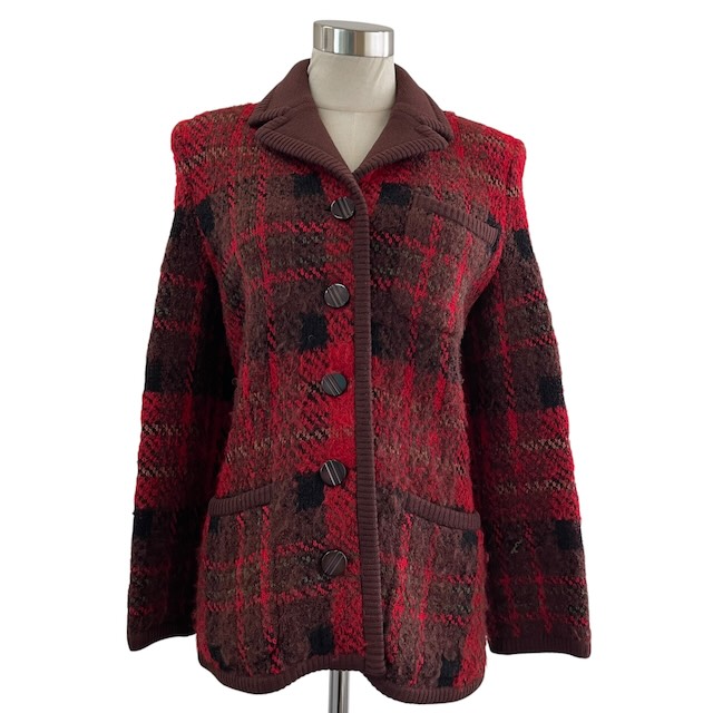 【中古】イヴサンローラン YVES SAINT LAURENT ニットジャケット カーディガン ウール モヘア混 チェック柄  レッド 赤 M レディース