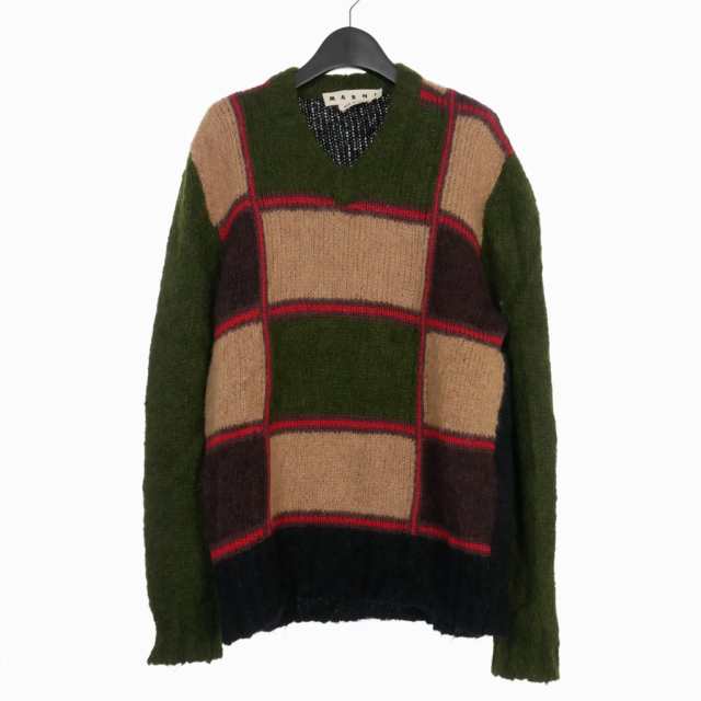 【中古】マルニ MARNI 18AW ブロックチェック パネル モヘヤニット セーター 切替 Vネック 44 グリーン 緑 CVMG0012Q0｜au  PAY マーケット