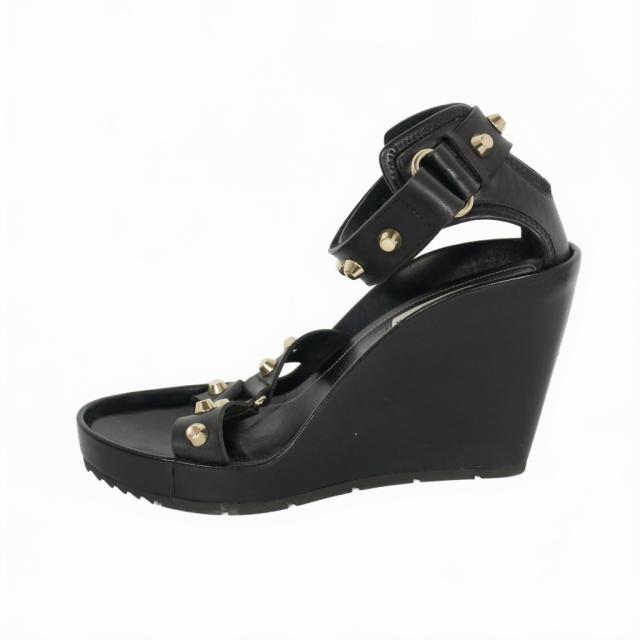 【中古】バレンシアガ BALENCIAGA ストラップ スタッズ ウェッジ レザーサンダル 38 25.0cm 黒 ブラック レディース