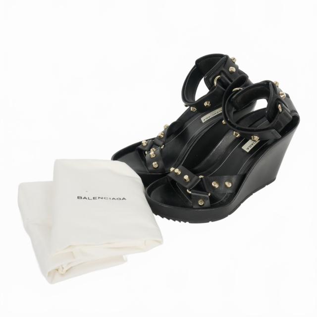 【中古】バレンシアガ BALENCIAGA ストラップ スタッズ ウェッジ レザーサンダル 38 25.0cm 黒 ブラック レディース