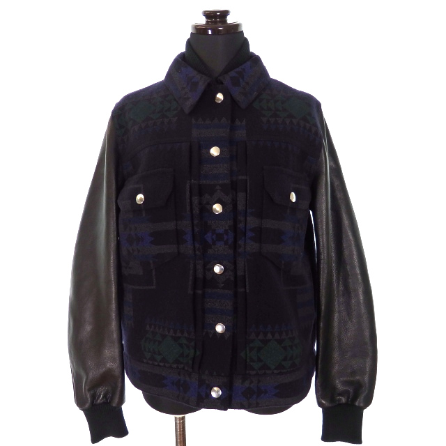 sacai luck サカイラック 袖レザースタジャン ネイビー ストライプ S sacai luck 2014AW 袖レザースタジャン | ブランド古着 買取・販売