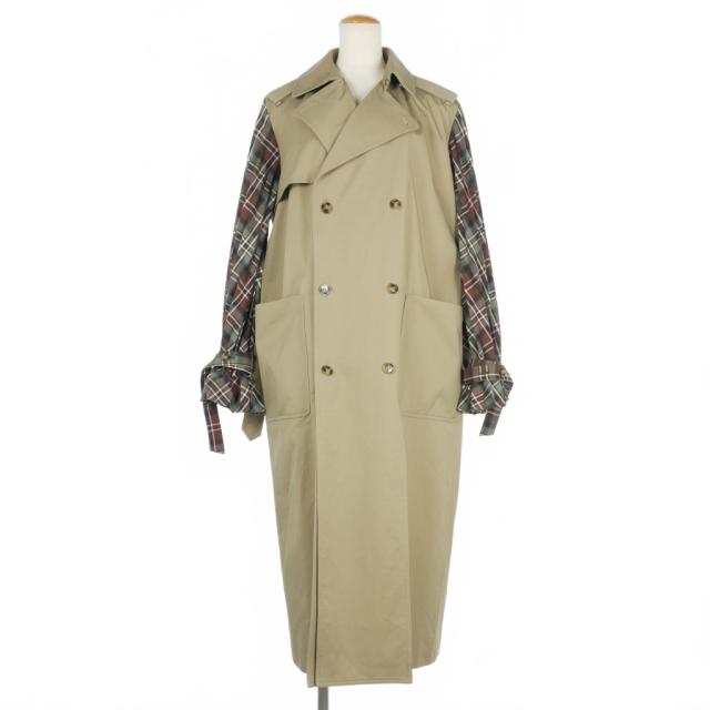【中古】ロック ロク rokh 袖プリーツ トレンチコート チェック 36 ベージュ レディース