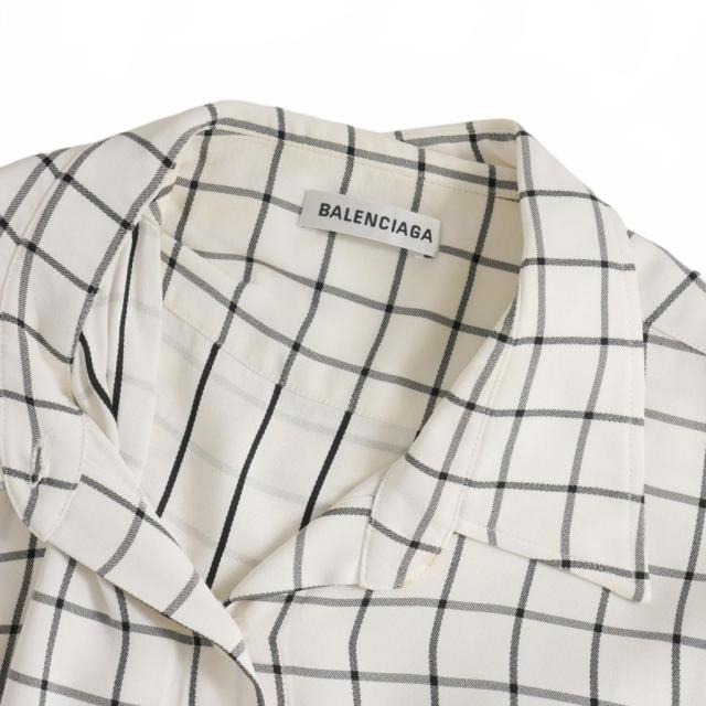 バレンシアガ BALENCIAGA 変形 オーバーサイズ チェックシャツ 半袖 ワンポイントロゴ 36 白 ホワイト 556340 レディース 中古】バレンシアガ BALENCIAGA 変形 オーバーサイズ チェック