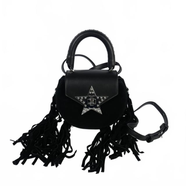 【中古】サラーミラノ SALAR MILANO フリンジ ショルダーバッグ レザー スエード 黒 ブラック レディース